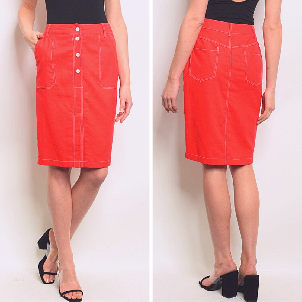SALE Red Soft Denim Linen Pencil Skirt Button Up Pockets Cotton S M L - Picture 15 of 15